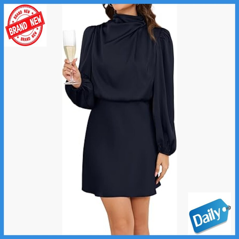 Long Sleeve Satin Cocktail Dress Mock Neck Formal Wedding Guest Mini